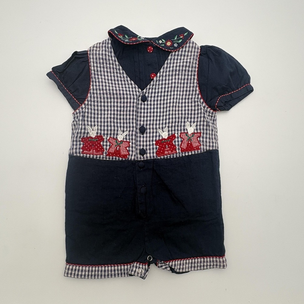Petit Jac Romper Girls 18-24M Blue‎ Gingham Bunny Embroidered Collar One Piece